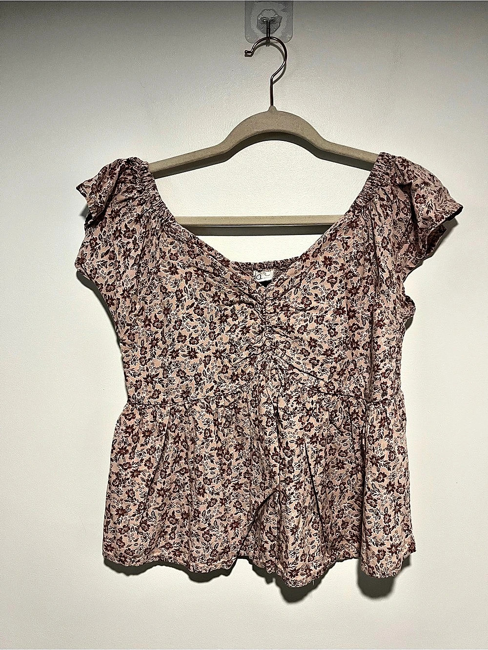 Japna Floral Ruched Blouse in Pink & Brown Like New Size L
